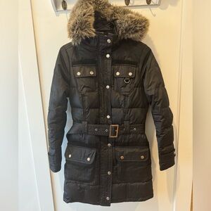 Women’s Barbour puffer jacket with removable hood and belt